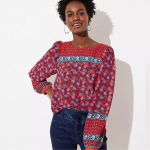 LOFT Border Floral Blouse‎ Size Red Blue Size Small NWT